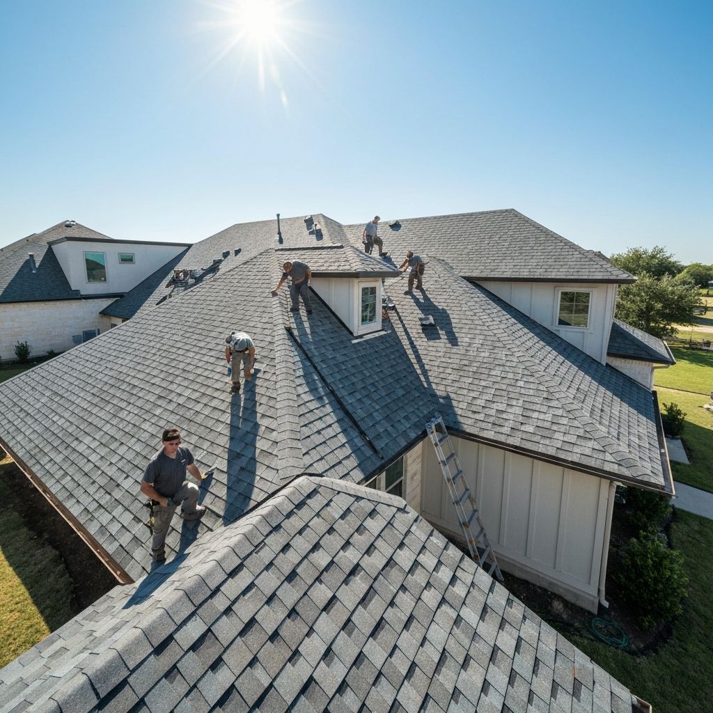 Professional residential roofing installation on Texas suburban home